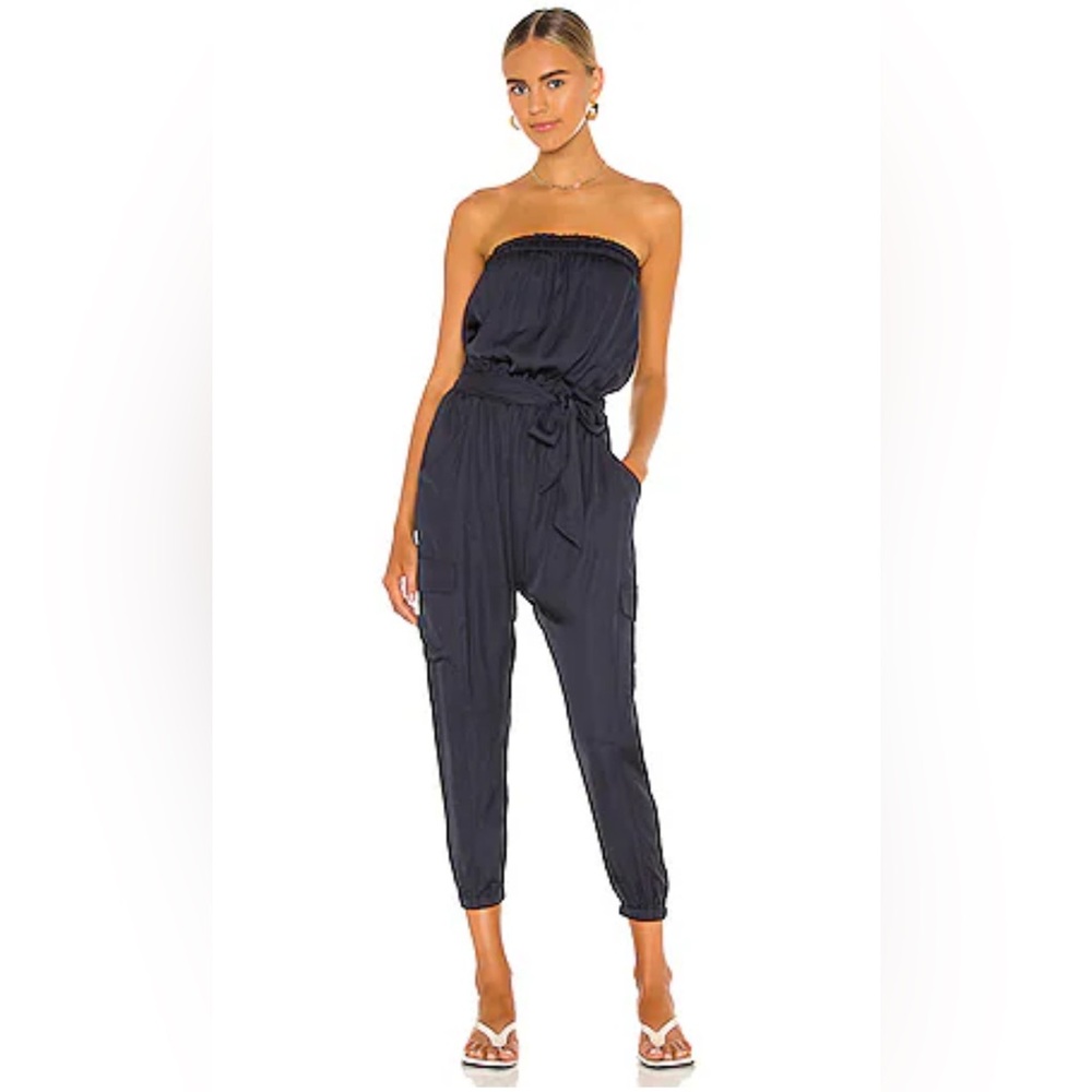 Frame x REVOLVE Harem Strapless Satin Belted Jumpsuit In Navy, size S